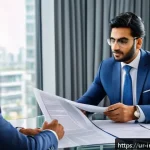 Home 19 시드 투자 과정에서의 법적 이슈 - A professional South Asian businessman in formal attire reviewing a detailed investment contract wit...