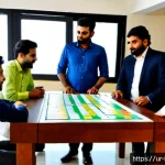 Home 23 시드 투자에서의 전략적 목표 설정 - Photorealistic Pakistani startup founders and a seed investor in a sunlit Lahore co-working studio, ...