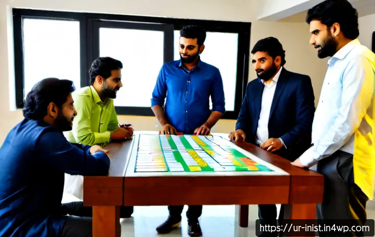 시드 투자에서의 전략적 목표 설정 - Photorealistic Pakistani startup founders and a seed investor in a sunlit Lahore co-working studio, ...
